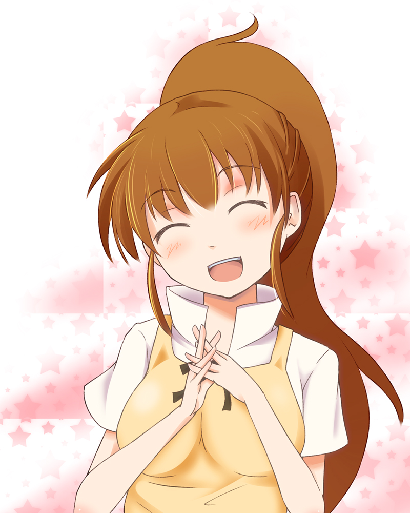 blush breasts brown_hair closed_eyes eyes_closed long_hair open_mouth sch smile solo taneshima_popura working!!