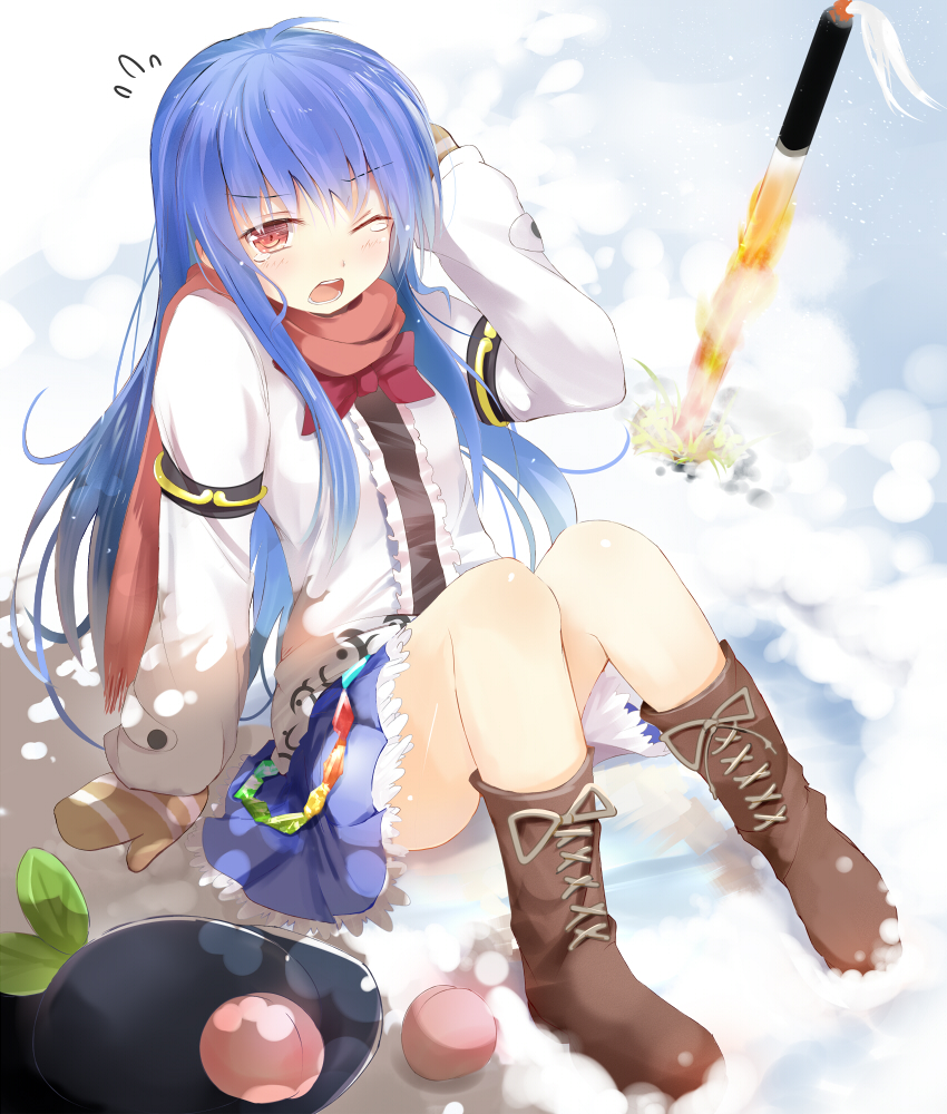 blue_hair blush boots efe flying_sweatdrops food fruit hat hat_removed headwear_removed hinanawi_tenshi long_hair peach red_eyes revision snow solo sword_of_hisou tears touhou very_long_hair
