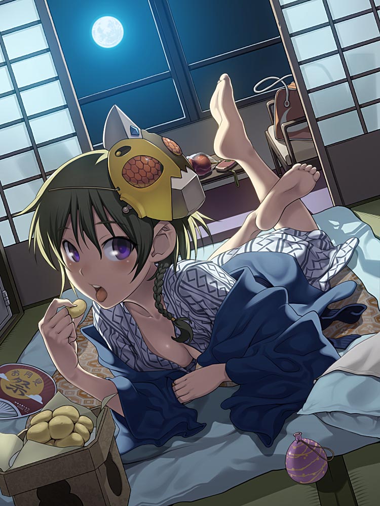 barefoot blush braid breasts collarbone eating feet food full_moon green_hair japanese_clothes kimono legs_up looking_at_viewer lying mask mask_removed moon moonlight no_bra on_stomach open_mouth original pairan purple_eyes short_hair soles solo toes tongue violet_eyes yukata