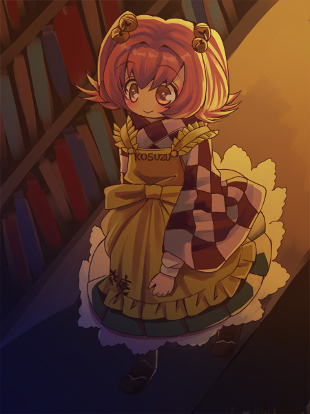 1girl apron bell blush book checkered checkered_shirt clothes_writing culotte(96) hair_bell hair_ornament jingle_bell long_sleeves motoori_kosuzu red_eyes redhead short_hair smile solo touhou twintails wide_sleeves