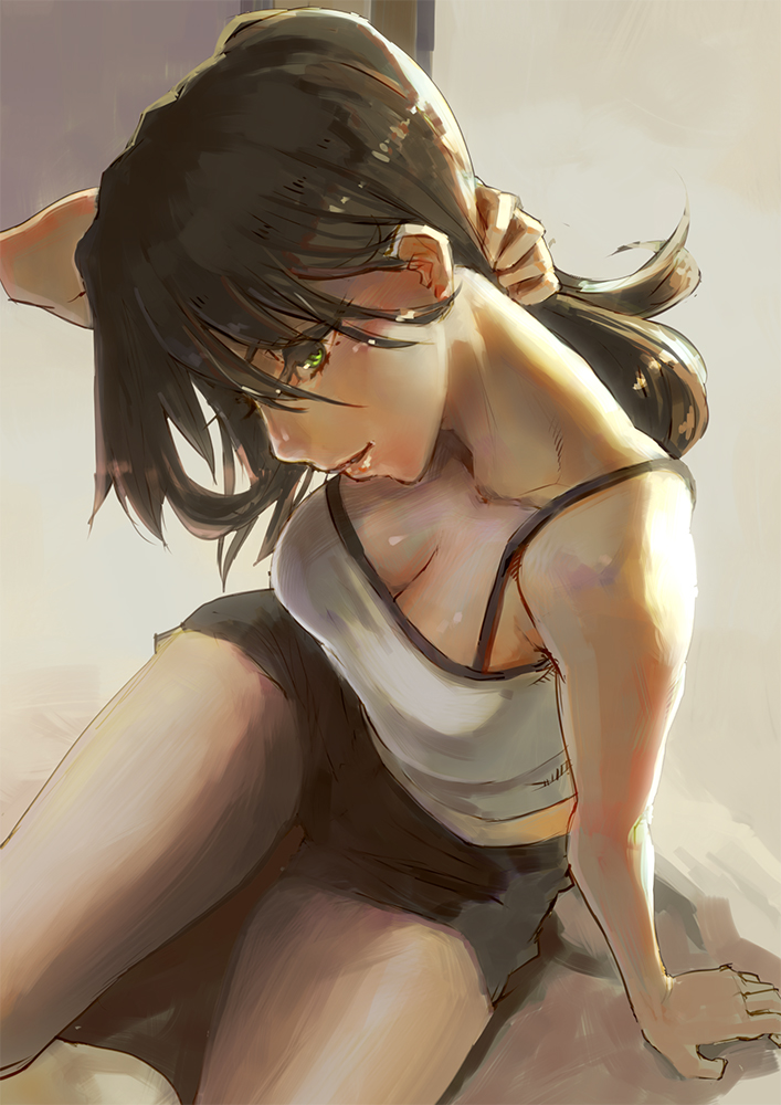arm_support aro_(charged_time_out) bare_shoulders breasts brown_hair bunching_hair cleavage green_eyes lips long_hair neck original profile shorts sitting solo