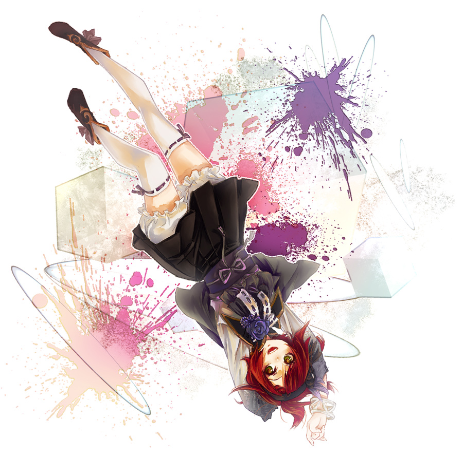 :d ankle_boots arm_behind_head arms_up bloomers boots bracelet cube flower green_eyes hairband hosokawa_gracia jewelry obi open_mouth paint_splatter purple_rose red_hair redhead rose sakanahen sengoku_musou sengoku_musou_2 short_hair skirt smile solo thigh-highs thighhighs upside-down white_legwear zettai_ryouiki