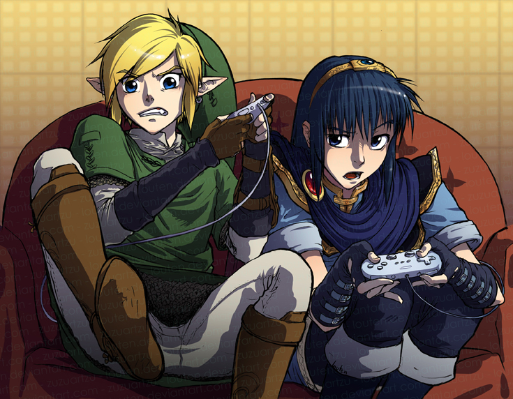 2boys blonde_hair blue_eyes blue_hair clenched_teeth controller couch fire_emblem game_controller gloves hairband hat link louten marth multiple_boys open_mouth playing_games pointy_ears sitting super_smash_bros. the_legend_of_zelda