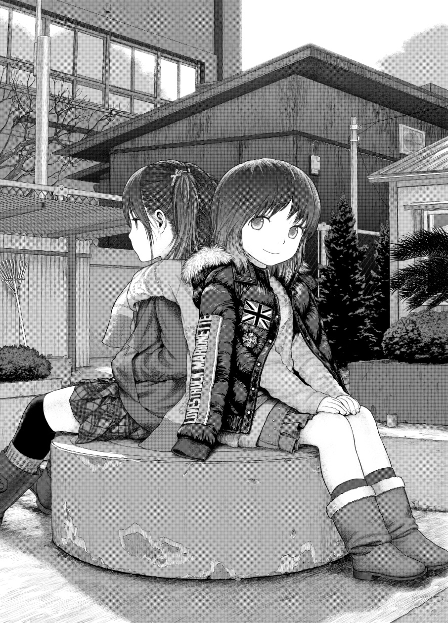 back-to-back black_legwear boots building cloud clouds coat hands_in_pockets hands_on_lap highres jacket looking_at_viewer monochrome multiple_girls open_clothes open_jacket original plaid plaid_skirt rake rustle scarf short_hair sitting skirt sky smile thigh-highs thighhighs twintails union_jack