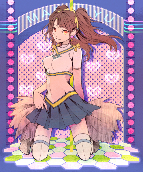 brown_hair cheerleader crop_top earrings hair_ribbon jewelry kneeling kujikawa_rise long_hair midriff navel paseri_(55yzk69) persona persona_4 pole pom_poms red_eyes ribbon skirt smile solo twintails