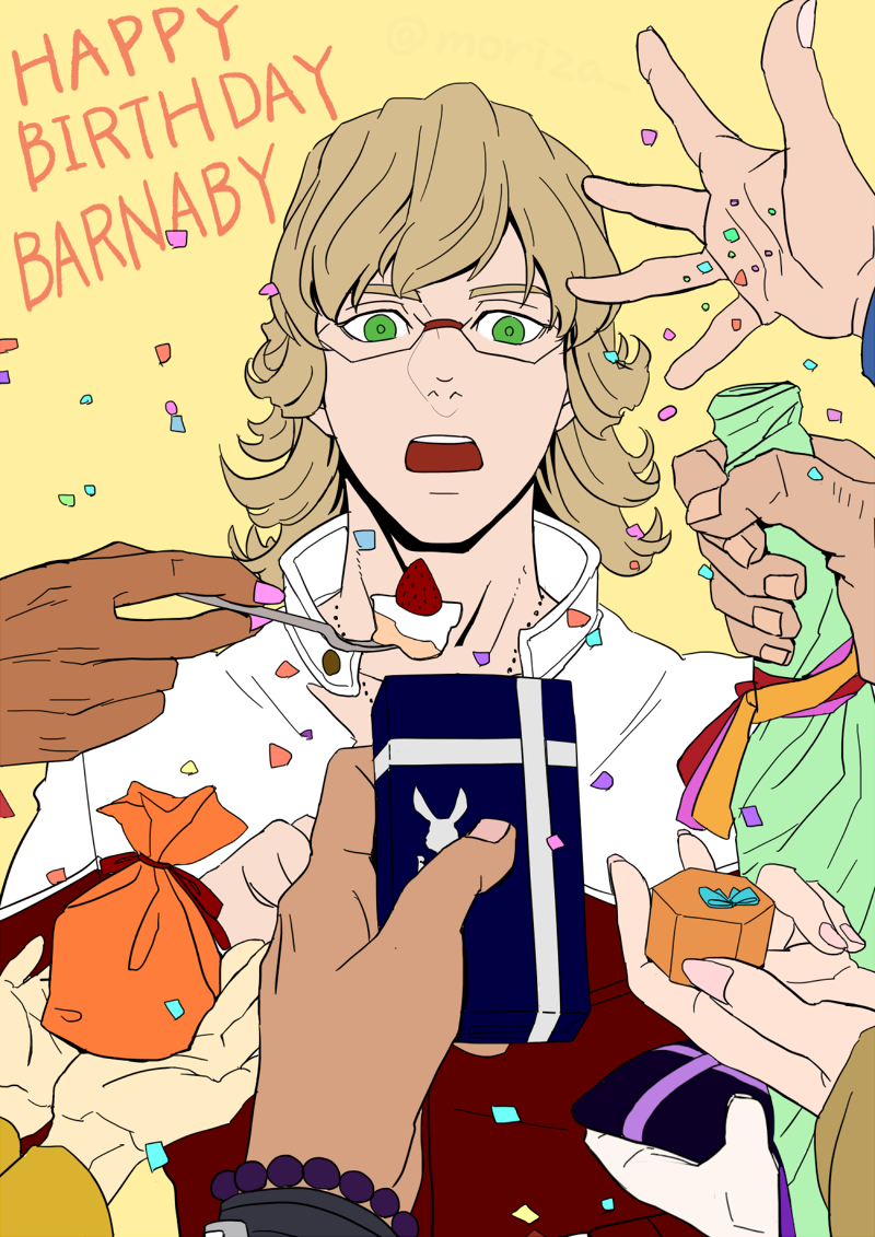 antonio_lopez bag barnaby_brooks_jr birthday blonde_hair bottle bracelet cake food fork gift glasses green_eyes grinning_cheshire_cat hands huang_baoling ivan_karelin jacket jewelry kaburagi_t_kotetsu karina_lyle keith_goodman nathan_seymour red_jacket tiger_&amp;_bunny