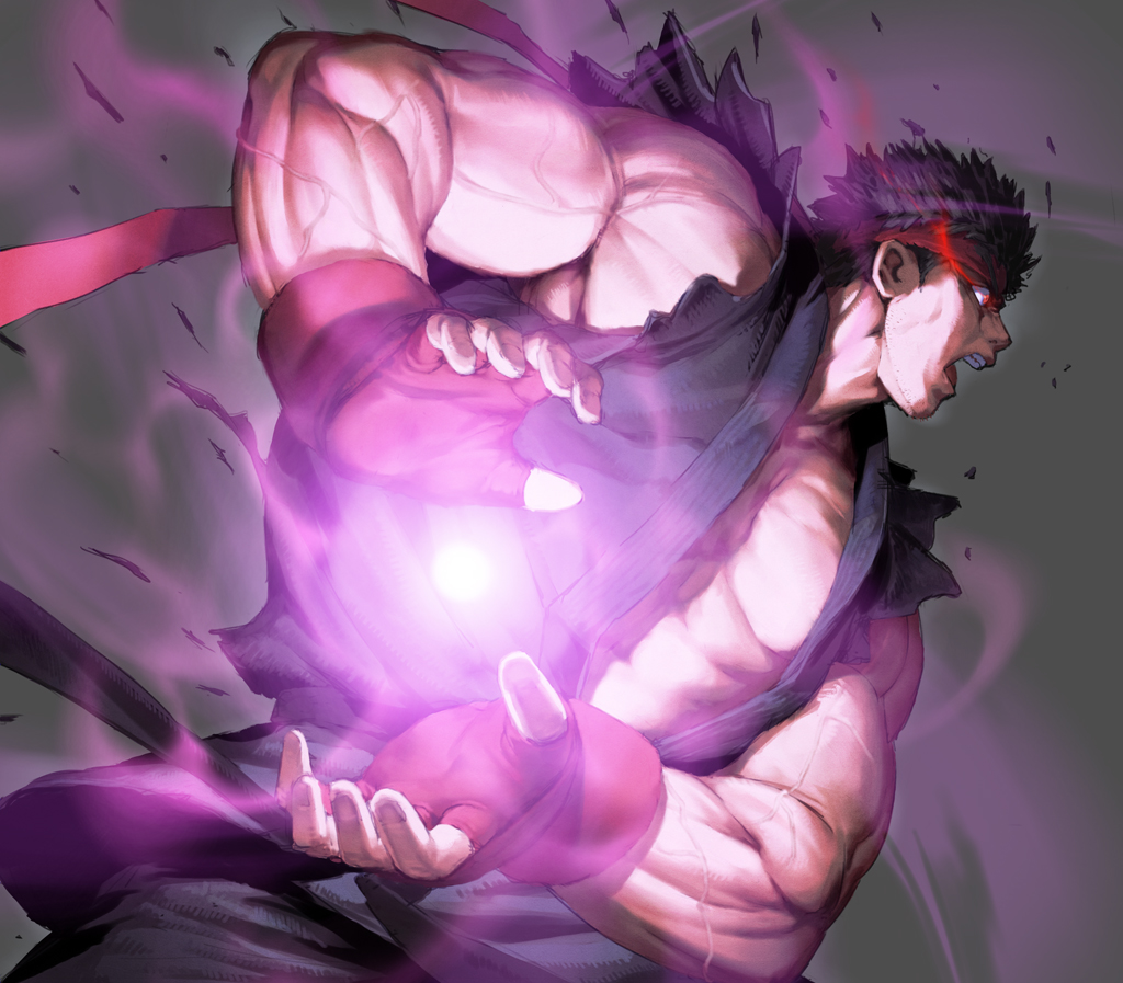 black_hair capcom cozy dark_persona evil_ryuu fingerless_gloves gloves hadouken male muscle red_eyes ryuu_(street_fighter) solo street_fighter street_fighter_ii