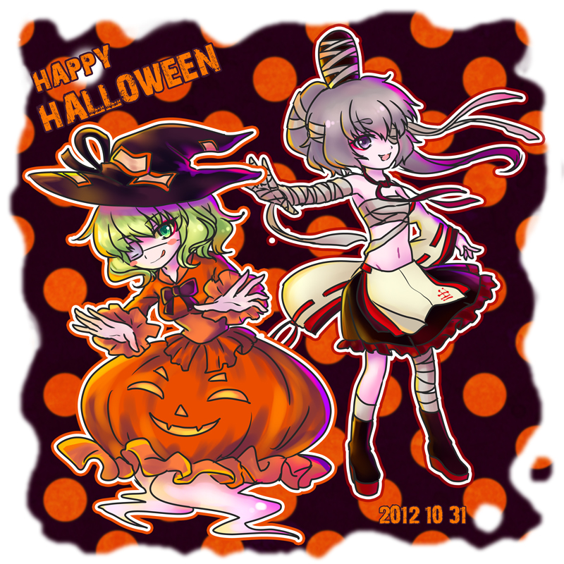 2girls alternate_costume bandage bandages bubble_skirt dated dress eyepatch ghost_tail green_hair halloween happy_halloween hat holloween jack-o'-lantern jack-o'-lantern japanese_clothes kariginu long_sleeves mononobe_no_futo multiple_girls open_mouth orange_dress ponytail pumpkin short_hair silver_hair skirt smile soga_no_tojiko tate_eboshi touhou wide_sleeves witch_hat yoteichouwa