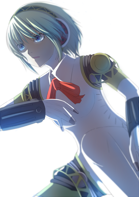 aegis android blonde_hair blue_eyes bow headphones persona persona_3 ribbon robot_joints short_hair solo vegas_(akg)