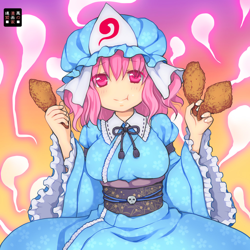 :b breasts chicken_(food) eating food fried_chicken hat hitodama japanese_clothes kurarin long_hair long_sleeves obi pink_eyes pink_hair ribbon saigyouji_yuyuko skull smile solo touhou triangular_headpiece