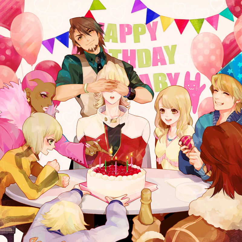 6+boys balloon barnaby_brooks_jr birthday birthday_cake birthday_party blonde_hair brown_hair cake covering_eyes fire food huang_baoling ivan_karelin kaburagi_t_kotetsu karina_lyle keith_goodman multiple_boys multiple_girls nathan_seymour party pink_hair poco24 tiger_&amp;_bunny