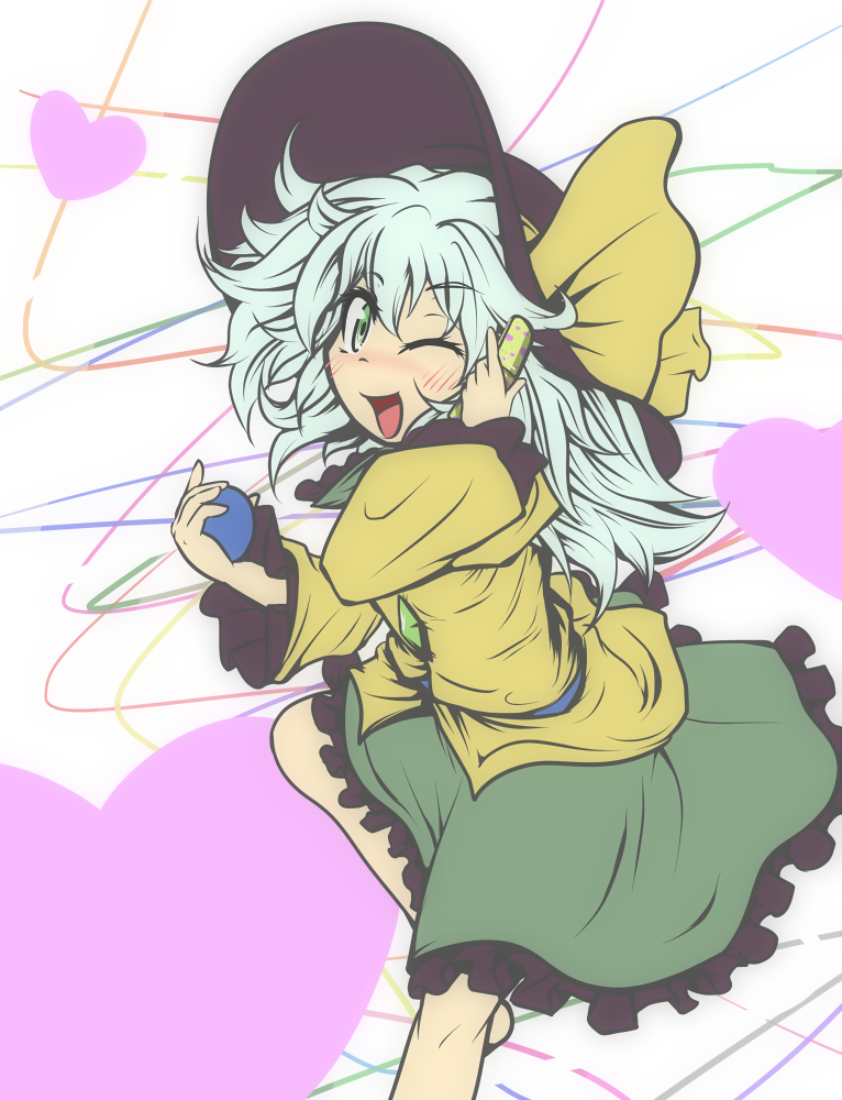 blush bow cellphone green_eyes green_hair hat heart komeiji_koishi long_hair long_sleeves open_mouth phone silver_hair skirt smile sokutenkun solo touhou wide_sleeves wink