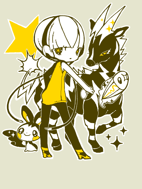 chibi emolga j6u6li kamitsure_(pokemon) looking_at_viewer monochrome pantyhose pokemon pokemon_(game) pokemon_bw short_hair tynamo zebstrika