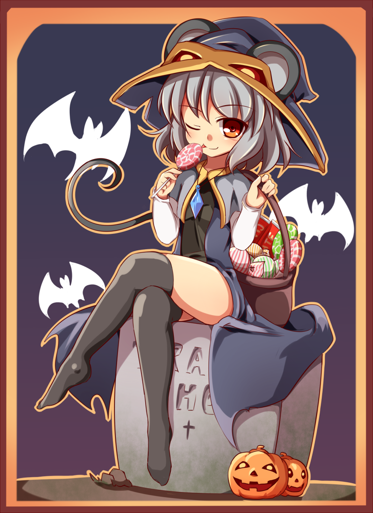 animal_ears baku_ph basket bat black_dress black_legwear candy capelet crossed_legs dress frame gem grave grave_stone grey_hair halloween_costume hat jack-o'-lantern jack-o'-lantern jewelry legs_crossed licking lollipop long_sleeves looking_at_viewer mouse_ears mouse_tail nazrin necklace no_shoes open_clothes open_coat orange_eyes pendant short_hair sitting smile solo tail thigh-highs thighhighs tombstone tongue tongue_out touhou wink zettai_ryouiki