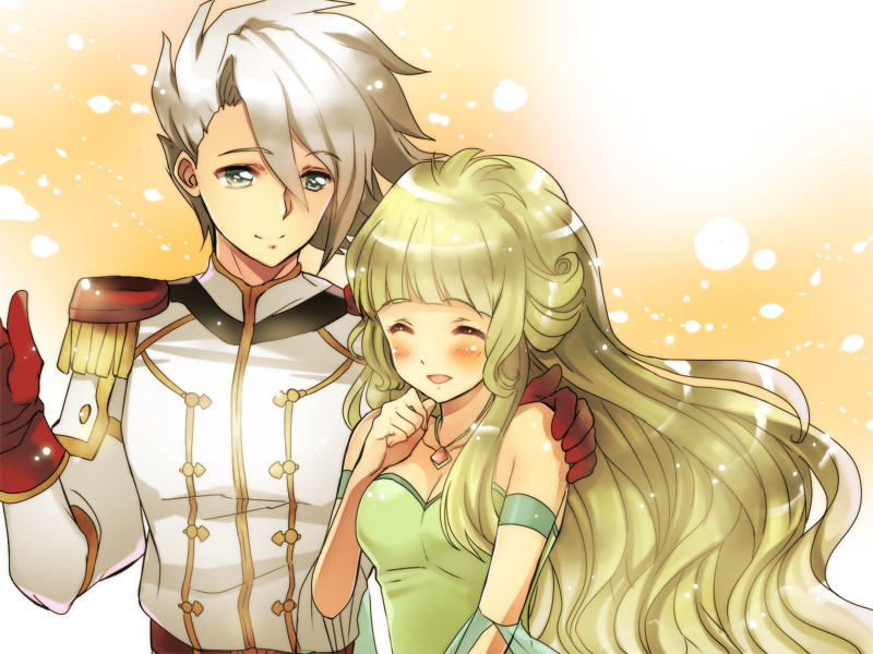 1girl :d ^_^ blonde_hair blush character_request closed_eyes couple elekpyle_dukakis emilia_(ixion_saga_dt) epaulettes erecpyle_dukakis eyes_closed gloves grey_eyes hand_on_another's_shoulder hand_on_another's_shoulder hand_to_mouth hikari_no ixion_saga ixion_saga_dt light_particles long_hair open_mouth red_gloves silver_eyes silver_hair smile uniform