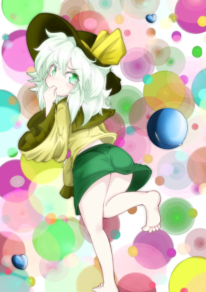 barefoot blush finger_in_mouth from_behind full_body green_eyes green_hair hat heart komeiji_koishi long_sleeves midriff open_mouth short_hair skirt sokutenkun solo touhou wide_sleeves