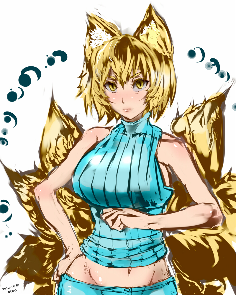 animal_ears blonde_hair breasts dated fox_ears fox_tail large_breasts lips looking_at_viewer midriff mound_of_venus navel nyuu_(manekin-eko) ribbed_sweater sleeveless sweater tail touhou yakumo_ran yellow_eyes