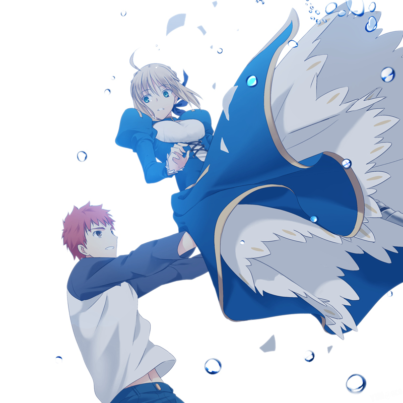 1girl ahoge blonde_hair blue_eyes brown_eyes catching dress emiya_shirou fate/stay_night fate_(series) hair_ribbon juliet_sleeves long_sleeves puffy_sleeves raglan_sleeves red_hair redhead ribbon saber underwater yun_(neo)