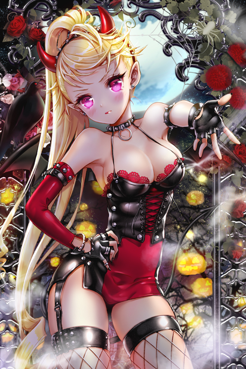 1girl blonde_hair blush breasts cinia_pacifica cocoon_(loveririn) fake_horns fingerless_gloves flower garter_straps gloves halloween hand_on_hip horns lips long_hair looking_at_viewer pink_eyes ponytail red_rose rose solo sword_girls thighhighs very_long_hair