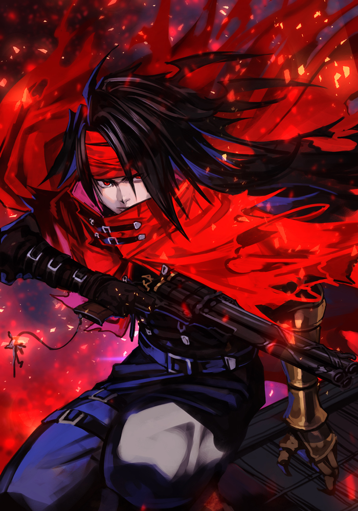 1boy black_hair clawed_gauntlets cloak final_fantasy final_fantasy_vii frown gauntlets gloves gun hankuri keychain leather looking_to_the_side male_focus messy_hair pale_skin red_eyes revolver torn_clothes vincent_valentine weapon