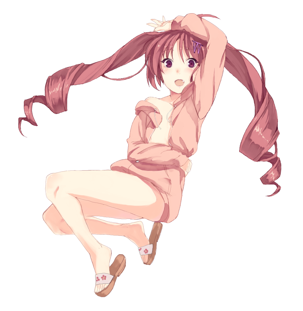 :d ahoge arm_up blue_eyes blush fang hazuki_watora hoodie kirisato_itsuki long_hair looking_at_viewer naked_hoodie open_mouth original sandals smile solo twintails two_side_up