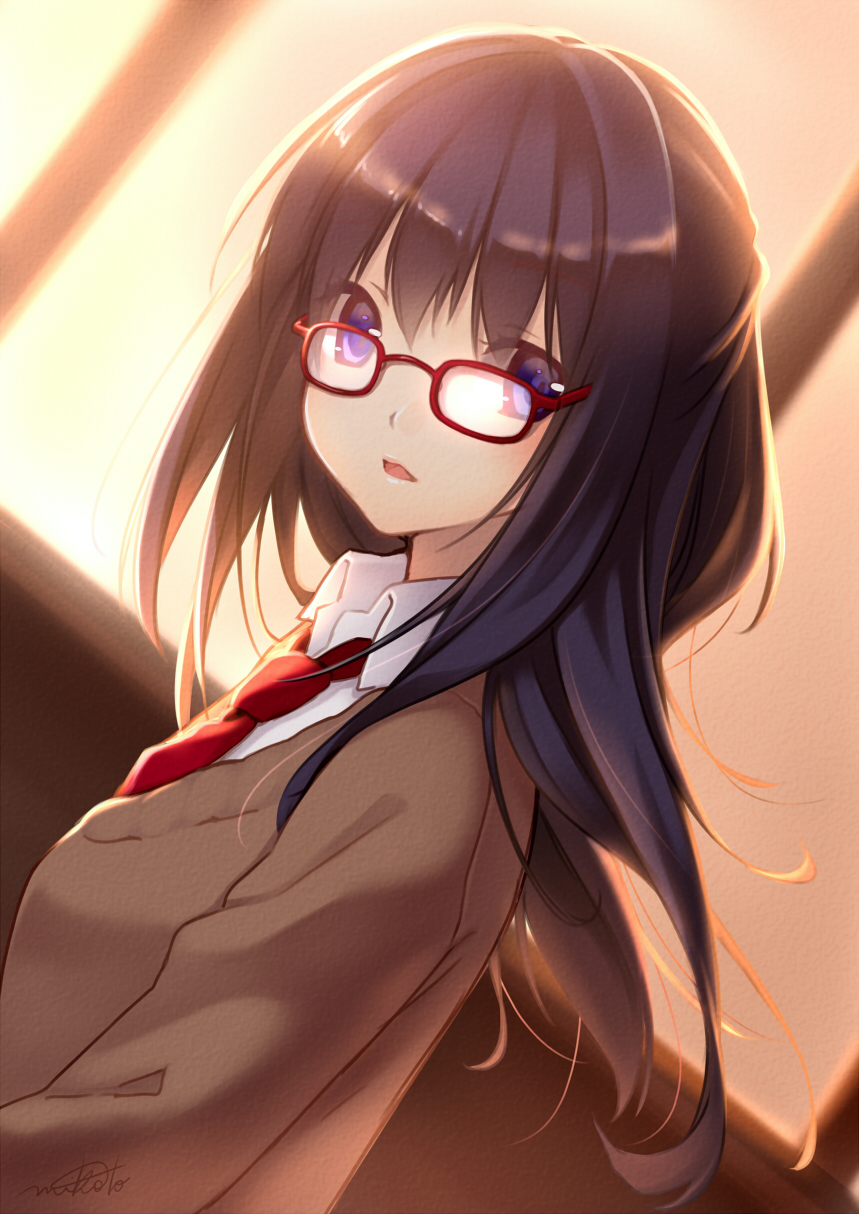 1girl artist_name black_hair blue_eyes bust dutch_angle female glasses highres long_hair looking_at_viewer looking_back nana_mikoto necktie original parted_lips purple_eyes red-framed_glasses school_uniform solo sunlight violet_eyes