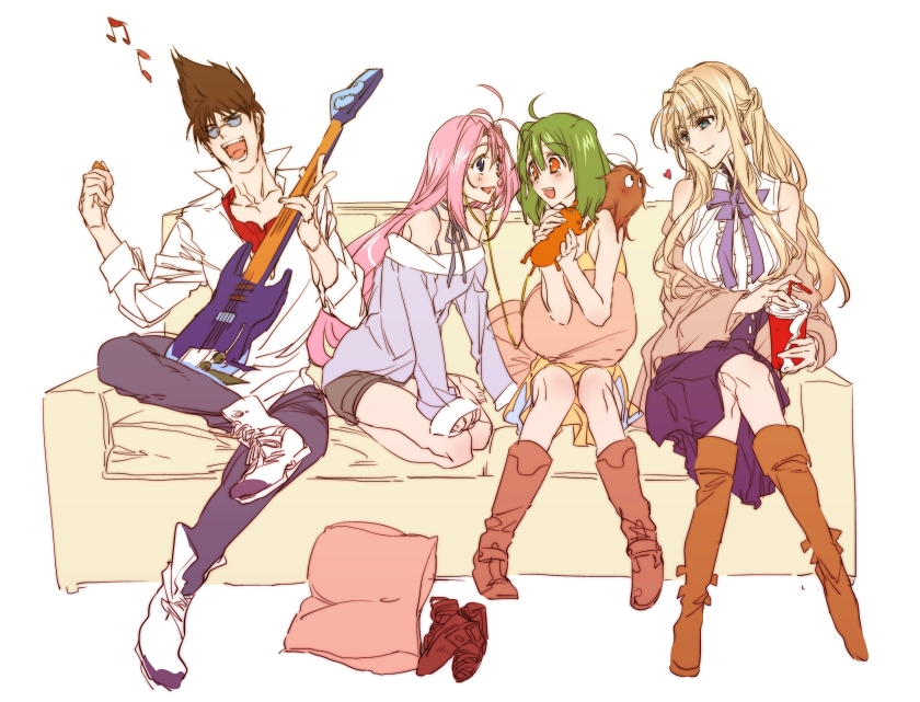 blonde_hair boots braid brown_hair closed_eyes couch crossover electric_guitar eyes_closed glasses green_hair guitar guvava heart instrument kneeling macchi macross macross_7 macross_frontier mylene_jenius nekki_basara pink_hair ranka_lee sheryl_nome sitting