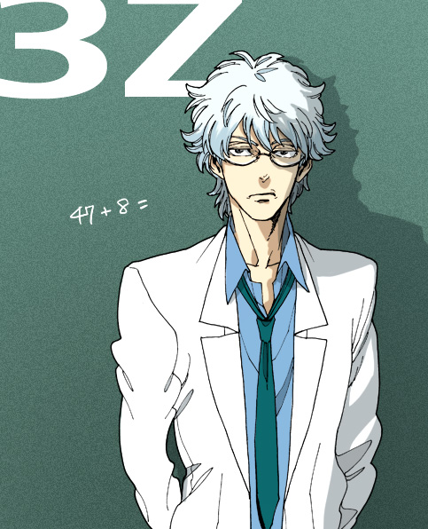 1boy chalkboard expressionless gintama glasses labcoat necktie sakata_gintoki silver_hair solo zakk
