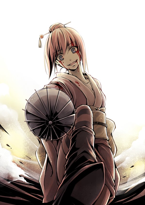 blood blood_on_face blue_eyes boots crazy gintama hair_bun hair_ornament hairpin japanese_clothes kagura_(gintama) kimono looking_at_viewer orange_hair pov pov_eye_contact solo striped striped_legwear umbrella winniconan yandere