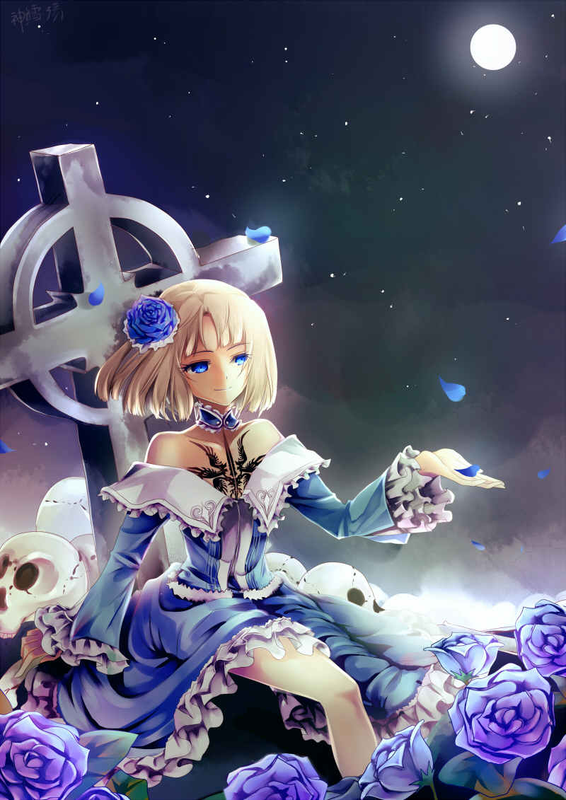 blonde_hair blue_eyes blue_rose cross dress fate/prototype fate_(series) flower full_moon hair_flower hair_ornament moon rose sajou_manaka short_hair sitting skull solo tattoo tombstone willfin