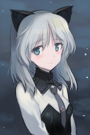 adult animal_ears blue_background blue_eyes bust cat_ears dark_background green_background grey_hair looking_at_viewer lowres necktie sanya_v_litvyak shimada_fumikane snow solo strike_witches uniform winter