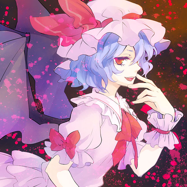 1girl ascot bat_wings blood blue_hair brooch dress hat hat_ribbon jewelry looking_at_viewer open_mouth red_eyes remilia_scarlet ribbon short_sleeves smile solo tomobe_kinuko touhou wings wrist_cuffs