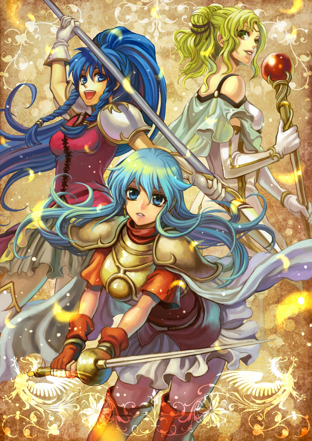 aqua_hair armor bare_shoulders blue_eyes blue_hair boots braid cape earrings eirika elbow_gloves fingerless_gloves fire_emblem fire_emblem:_seima_no_kouseki frontier_town gloves green_eyes green_hair highres jewelry l'arachel l'arachel polearm rapier rod shoulder_pads skirt spear sword tana thigh-highs thigh_boots thighhighs weapon