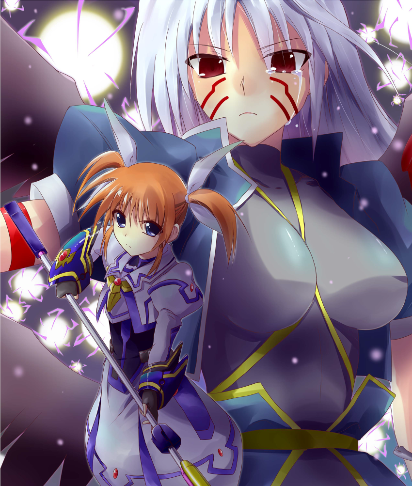 blue_eyes breasts brown_hair crying dress facial_mark fingerless_gloves gloves hair_ribbon large_breasts long_hair long_sleeves lyrical_nanoha mahou_shoujo_lyrical_nanoha mahou_shoujo_lyrical_nanoha_a's mahou_shoujo_lyrical_nanoha_a's mahou_shoujo_lyrical_nanoha_the_movie_2nd_a's mahou_shoujo_lyrical_nanoha_the_movie_2nd_a's puffy_sleeves raising_heart red_eyes reinforce ribbon short_sleeves short_twintails silver_hair takamachi_nanoha tears twintails white_dress wings