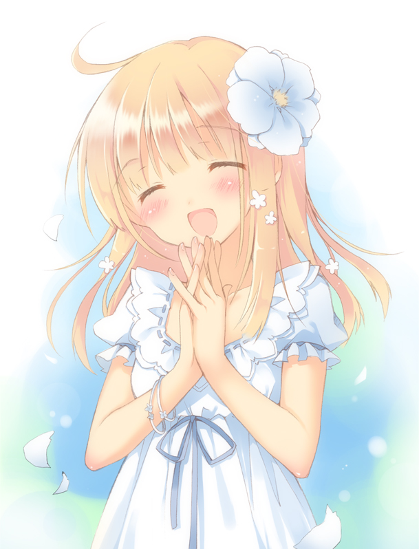:d ^_^ blush closed_eyes dress eyes_closed flower hair_flower hair_ornament hands_clasped long_hair open_mouth original pan_(mimi) petals smile solo
