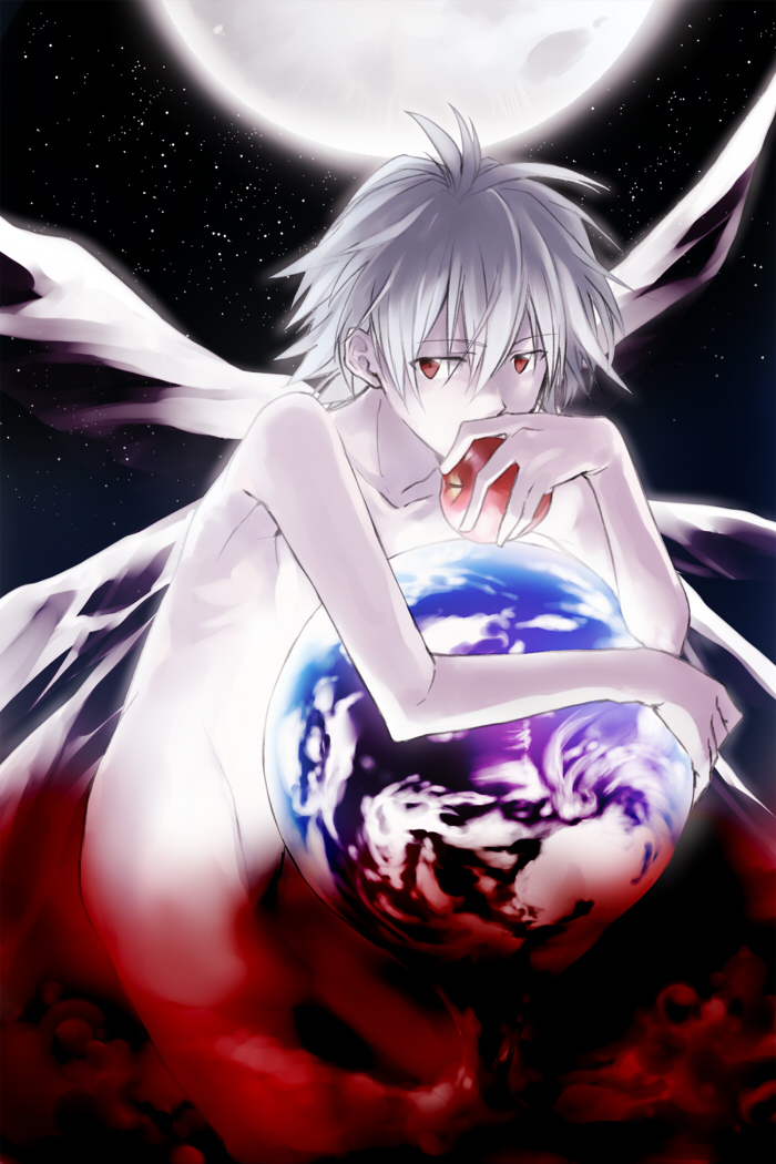 1boy angel_(evangelion) angel_wings apple earth end_of_evangelion food fruit grey_hair lilith_(nagisa_kaworu) maka_(morphine) male moon nagisa_kaworu neon_genesis_evangelion nude red_eyes space