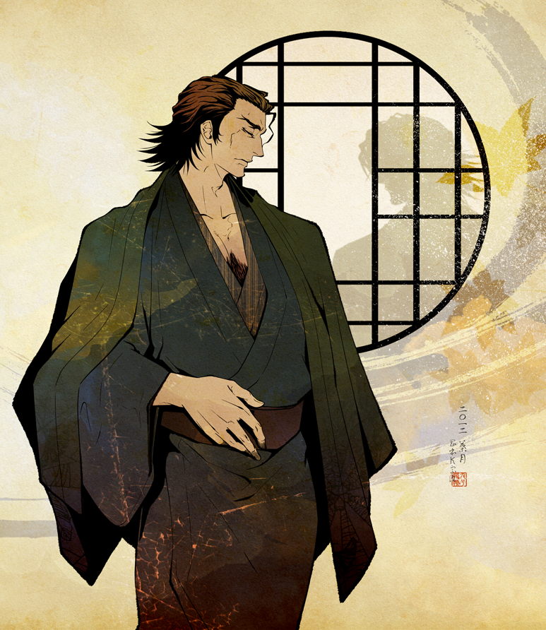 antonio_lopez brown_hair chest_hair haori japanese_clothes kimono okamoto_k_munesumi solo tiger_&amp;_bunny