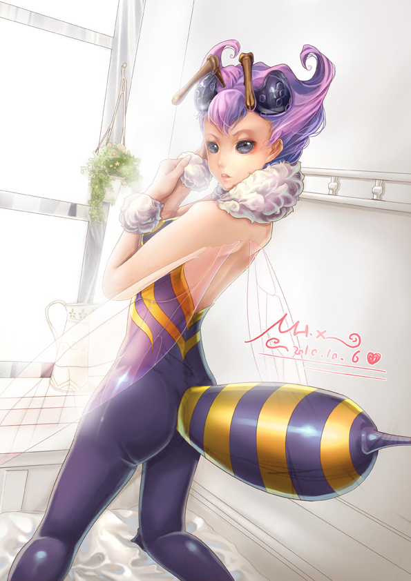 antennae bare_back bare_shoulders blue_eyes dated fur insect_girl insect_wings looking_at_viewer pantyhose purple_hair q-bee short_hair shoumura_(mix) signature sleeveless solo vampire_(game) window wings