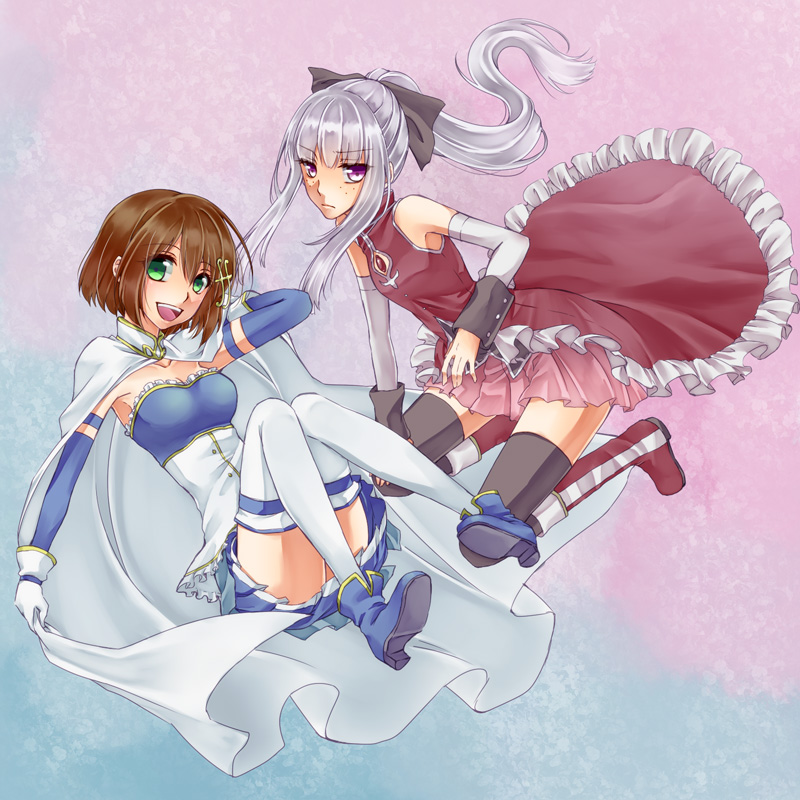 agria black_legwear blue_background bow brown_hair cape cosplay dress freckles frills frown gloves gradient gradient_background green_eyes hair_bow hair_ornament hairpin leia_roland long_hair mahou_shoujo_madoka_magica mahou_shoujo_madoka_magica_movie miki_sayaka miki_sayaka_(cosplay) multiple_girls pink_background ponytail purple_eyes sakura_kyouko sakura_kyouko_(cosplay) shoes short_hair skirt smile souko_(yue) tales_of_(series) tales_of_xillia thigh-highs thighhighs violet_eyes white_hair white_legwear