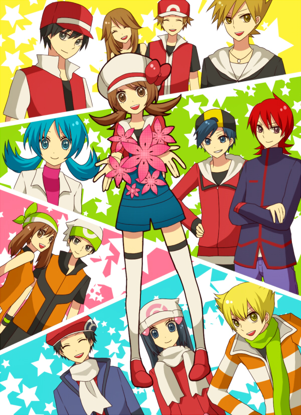 blue_(pokemon) crystal_(pokemon) dual_persona full_body gold_(pokemon) haruka_(pokemon) hikari_(pokemon) hikari_(pokemon)_(remake) jun_(pokemon) jun_(pokemon)_(remake) kotone_(pokemon) kouki_(pokemon) kouki_(pokemon)_(remake) looking_at_viewer monaco_(rmn02) ookido_green pokemon pokemon_(game) pokemon_dppt pokemon_frlg pokemon_gsc pokemon_hgss pokemon_rgby pokemon_rse red_(pokemon) red_(pokemon)_(classic) red_(pokemon)_(remake) silver_(pokemon) twintails yuuki_(pokemon)