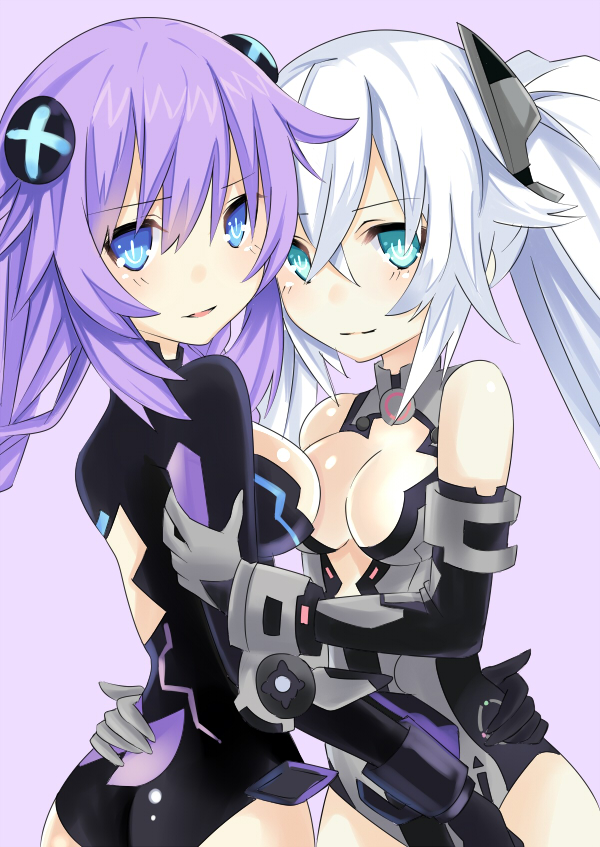 :d bare_shoulders black_heart blue_eyes blush breasts choujigen_game_neptune cleavage elbow_gloves gloves hair_ornament kami_jigen_game_neptune_v long_hair looking_at_viewer mikan_no_shiru multiple_girls neptune_(choujigen_game_neptune) no_nose noire open_mouth parted_lips purple_hair purple_heart smile symbol-shaped_pupils twintails very_long_hair white_hair yuri