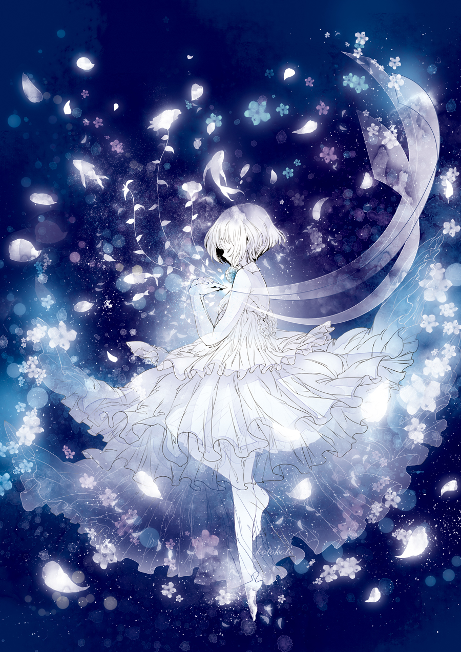blue closed_eyes dress eyes_closed floating flower hands_clasped highres koto2 original short_hair solo