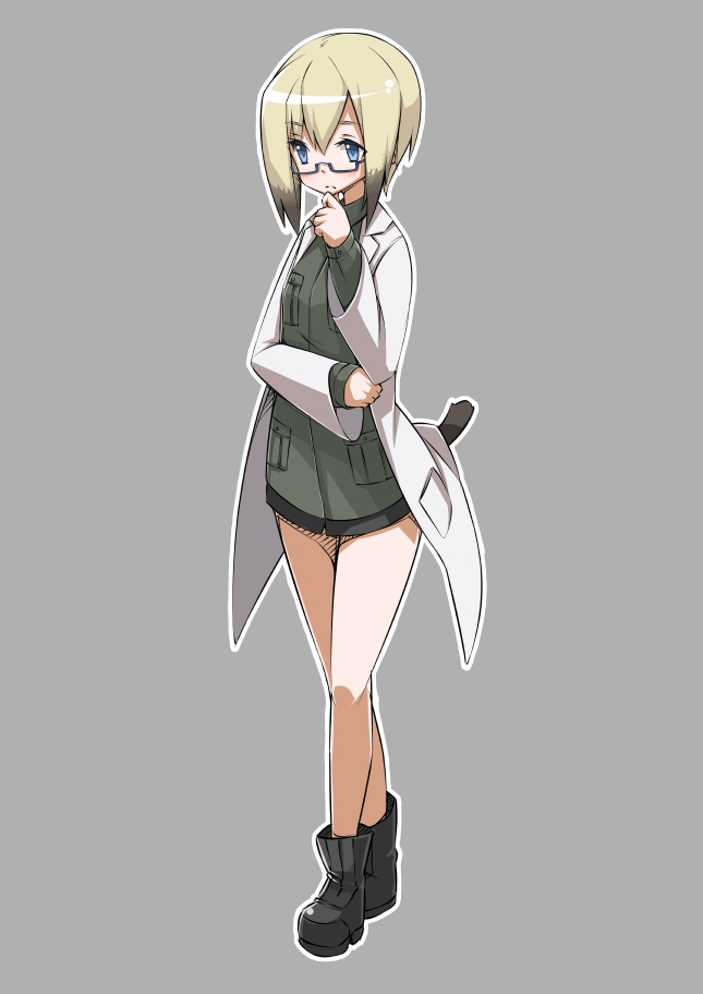 blonde_hair blue_eyes boots glasses grey_background military military_uniform nacl semi-rimless_glasses short_hair simple_background solo strike_witches tail under-rim_glasses uniform ursula_hartmann