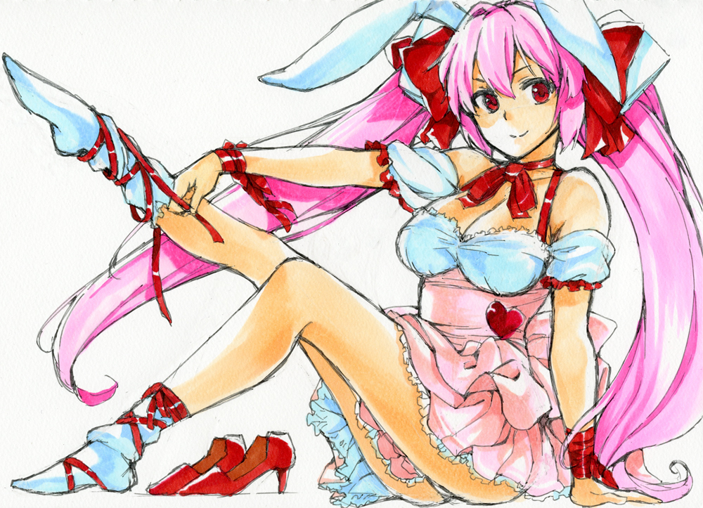 1girl animal_ears ankle_ribbon arm_support ayasugi_tsubaki di_gi_charat dress frills hair_ribbon high_heels leg_up long_hair marker_(medium) pink_hair rabbit_ears red_eyes ribbon ribbon_choker shoes shoes_removed sitting slim_legs smile solo traditional_media twintails usada_hikaru very_long_hair wrist_ribbon