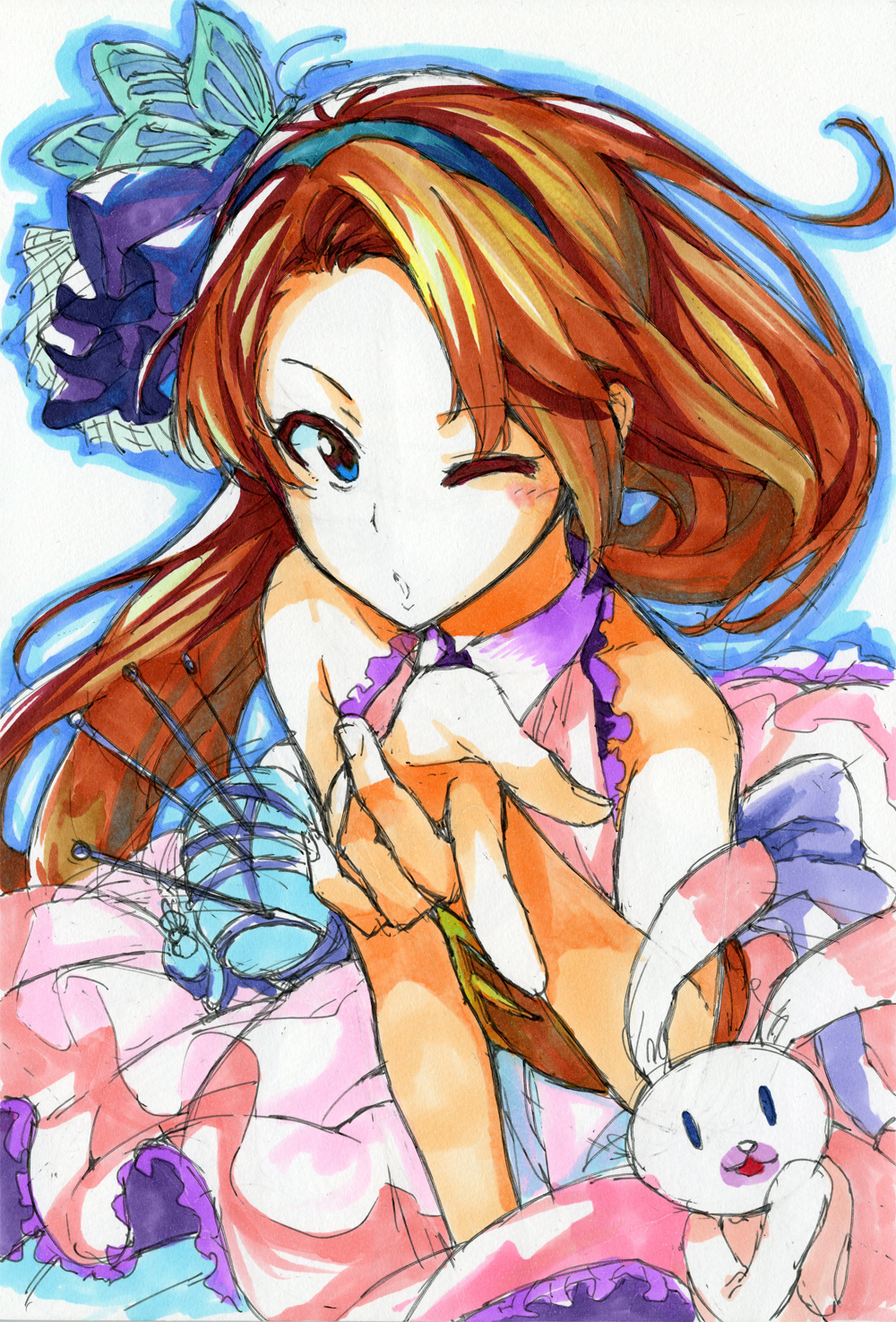 1girl :o ayasugi_tsubaki blue_eyes brown_hair butterfly_hair_ornament dress frills hair_ornament hair_ribbon hairband highres idolmaster idolmaster_cinderella_girls long_hair marker_(medium) minase_iori puckered_lips ribbon solo stuffed_animal stuffed_bunny stuffed_toy traditional_media wink