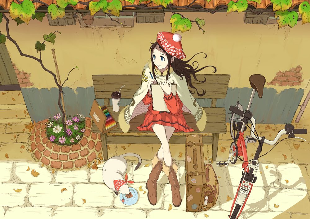 autumn_leaves bag bench beret bicycle blue_eyes boots brick_wall brown_hair cloak colored_pencil crossed_legs drainpipe drawing ferret flower flower_bed folding_bicycle from_above fur_trim goke_shike_(altamira05) hat knee_boots leaf legs_crossed long_hair looking_away oekaki_musume original paper_cup pencil pencil_case pet_bowl plant pom_pom_(clothes) potted_plant sett sitting sketchbook solo starbucks straw suitcase