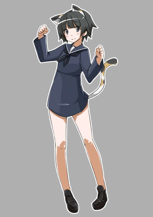 animal_ears arms_up black_eyes black_hair cat_ears cat_tail grey_background nacl raised_fists sakomizu_haruka school_uniform serafuku short_hair smile solo strike_witches tail