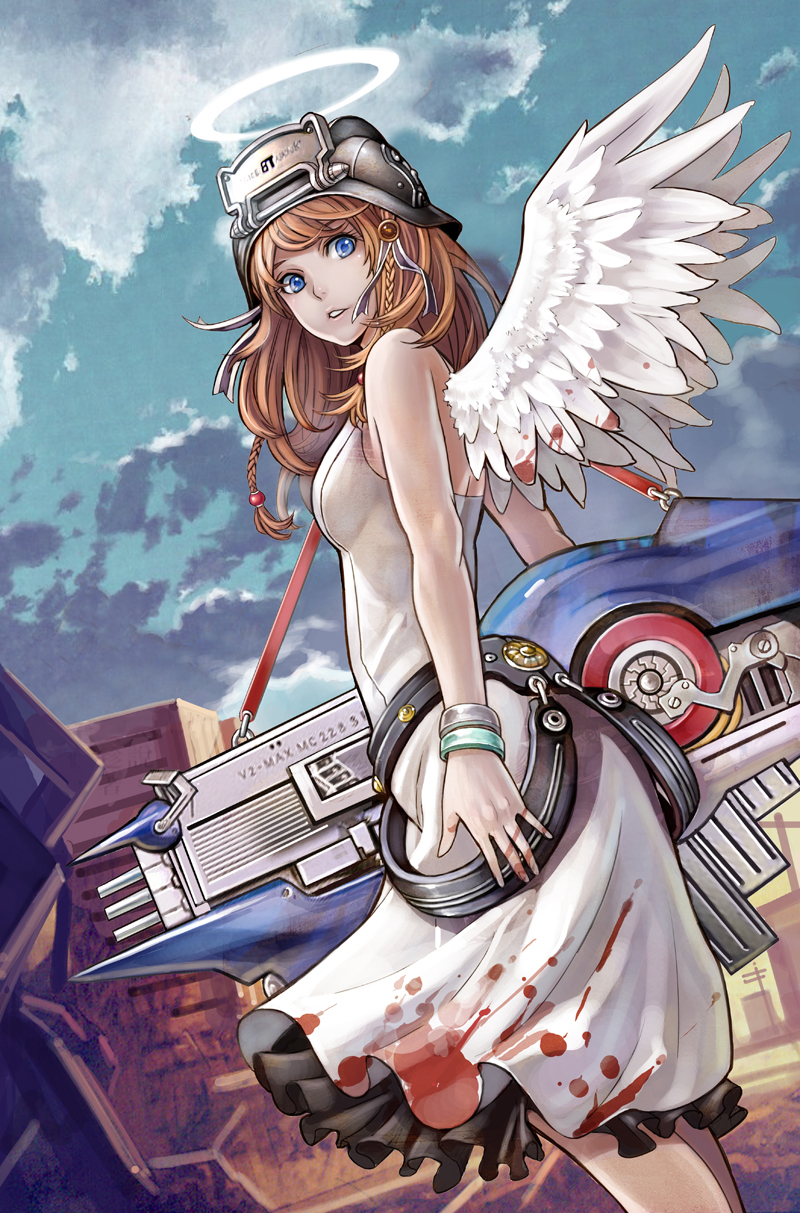 angel blood bloody_clothes bloody_wings blue_eyes braid brown_hair dress dutch_angle halo helmet highres holding looking_at_viewer original sanzhuangwangcat solo twin_braids weapon white_wings wings