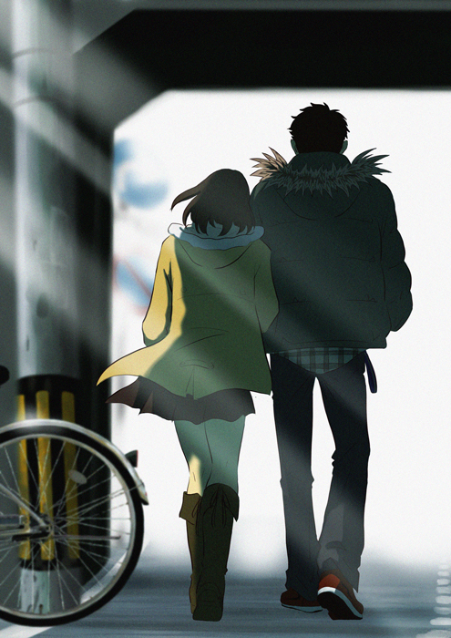1girl bicycle boots brown_hair couple from_behind goke_shike_(altamira05) height_difference knee_boots original short_hair skirt sunbeam sunlight walking