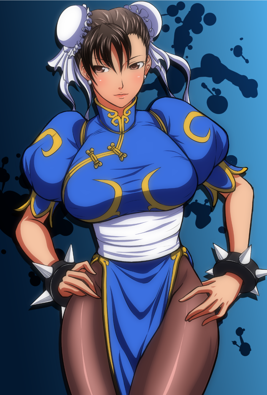 bracelet breasts brown_eyes brown_hair chun-li curvy hand_on_hip highres igatto jewelry pantyhose short_hair solo spiked_bracelet spikes street_fighter street_fighter_ii